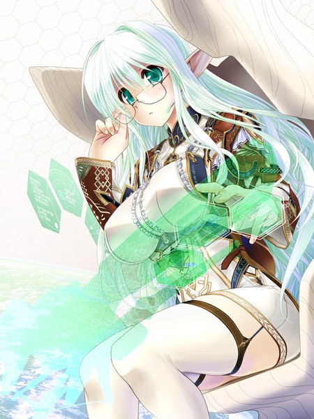 Anime picture 750x1000 with original kiryuu takahisa single long hair tall image breasts large breasts sitting green eyes looking away white hair pointy ears zettai ryouiki girl thighhighs white thighhighs glasses