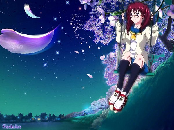 Anime picture 1024x768 with air gear toei animation noyamano ringo kagaya single long hair fringe sitting twintails brown eyes sky red hair night cherry blossoms girl uniform flower (flowers) plant (plants) school uniform tree (trees)