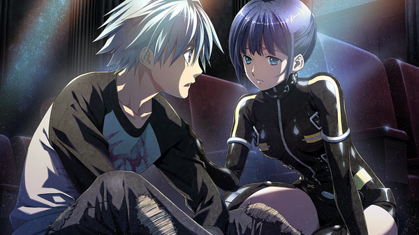 Anime picture 1280x720 with disorder 6 joe (disorder 6) short hair open mouth blue eyes wide image blue hair game cg silver hair girl boy bodysuit