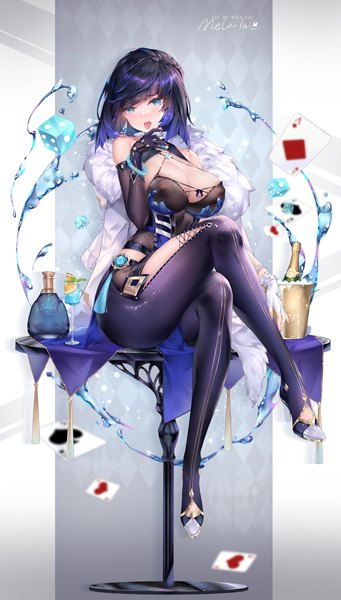 Anime picture 4904x8629 with genshin impact yelan (genshin impact) melailai single tall image looking at viewer blush fringe highres short hair breasts open mouth light erotic large breasts sitting signed blue hair absurdres full body bent knee (knees)