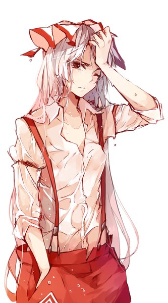 Anime picture 659x1188 with touhou fujiwara no mokou mikuru rumisora single long hair tall image looking at viewer light erotic simple background red eyes white background white hair one eye closed wink wet wet clothes hand on head hand in pocket wet shirt girl