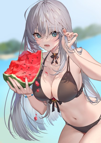 Anime picture 2121x3000 with original teffish single long hair tall image looking at viewer blush fringe highres breasts open mouth blue eyes light erotic hair between eyes large breasts standing holding ahoge outdoors grey hair