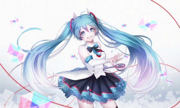 Anime picture 1659x1000 with vocaloid magical mirai (vocaloid) hatsune miku magical mirai miku magical mirai miku (2017) inosia single looking at viewer blush fringe simple background smile hair between eyes wide image white background twintails bare shoulders signed ahoge very long hair