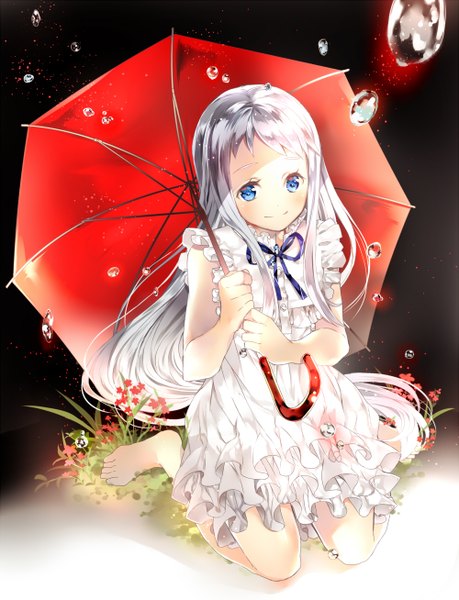 Anime picture 1000x1307 with ano hi mita hana no namae wo bokutachi wa mada shiranai a-1 pictures honma meiko hinahino single long hair tall image blush blue eyes smile sitting silver hair full body barefoot from above wariza girl flower (flowers) plant (plants) frills