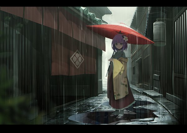 Anime picture 4175x2976 with touhou hieda no akyuu fami (yellow skies) single looking at viewer fringe highres short hair standing purple eyes holding absurdres purple hair full body outdoors long sleeves traditional clothes japanese clothes wide sleeves shadow
