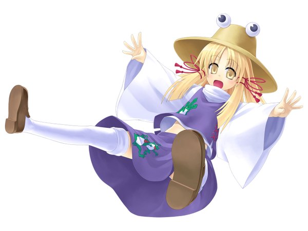 Anime picture 1600x1200 with touhou moriya suwako kazuki seihou single long hair open mouth blonde hair simple background white background yellow eyes crossed arms girl thighhighs skirt ribbon (ribbons) hair ribbon hat miniskirt white thighhighs skirt set