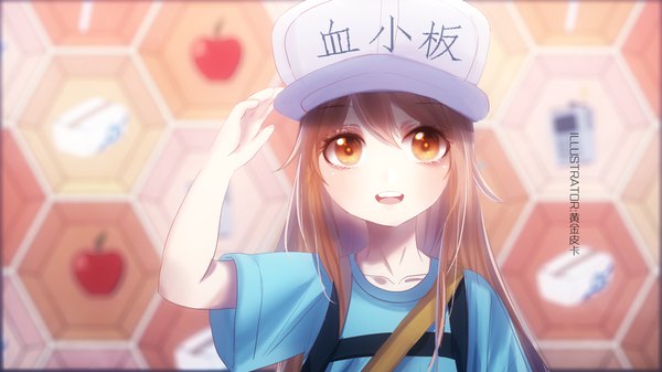 Anime picture 1920x1080 with hataraku saibou david production platelet (hataraku saibou) wuc single long hair looking at viewer fringe highres open mouth smile hair between eyes brown hair wide image brown eyes signed upper body wide sleeves depth of field clothes writing