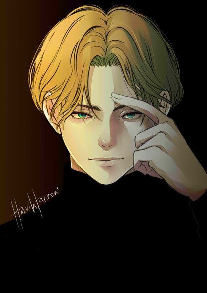 Anime picture 4133x5846 with monster (manga) johan liebert harihtaroon single tall image looking at viewer highres short hair blue eyes simple background blonde hair signed absurdres upper body light smile portrait dark background hand on face boy turtleneck