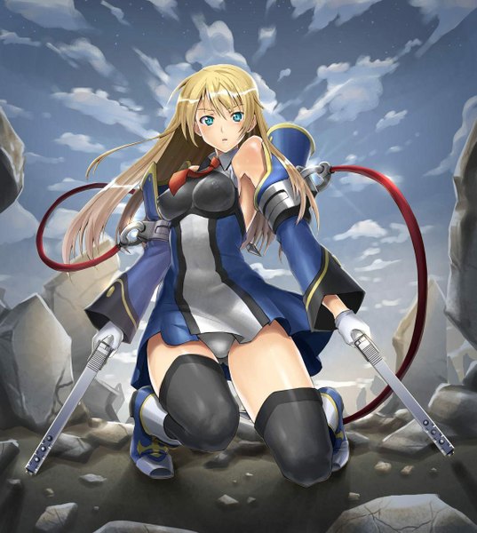 Anime picture 1145x1280 with blazblue noel vermillion tall image blue eyes light erotic blonde hair sky pantyshot ruins girl thighhighs weapon gun