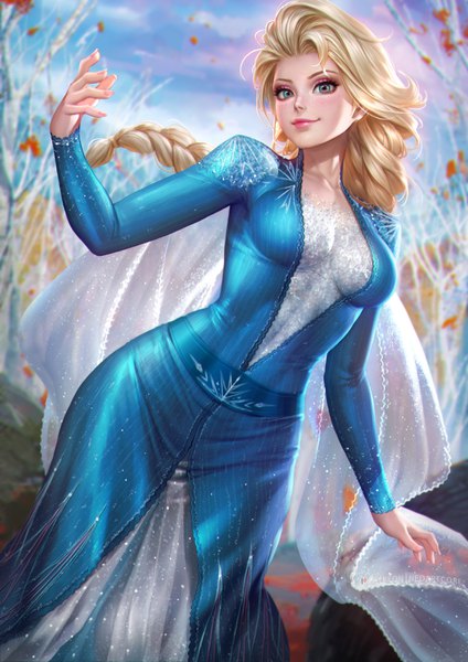 Anime picture 2480x3508 with frozen (disney) disney elsa (frozen) nudtawut thongmai single long hair tall image looking at viewer blush fringe highres breasts blonde hair smile standing green eyes sky cloud (clouds) outdoors braid (braids)