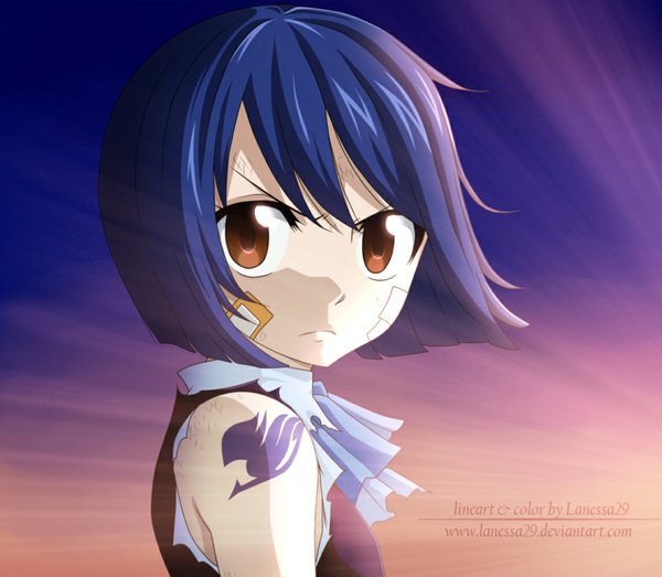 Anime picture 1146x1000 with fairy tail wendy marvell lanessa29 single short hair brown eyes blue hair sky looking back loli tattoo sleeveless coloring torn clothes bandaid on face girl bandaid