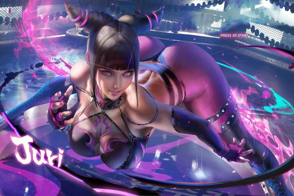 Anime picture 3500x2333 with street fighter capcom han juri sakimichan single looking at viewer fringe highres short hair breasts light erotic black hair smile large breasts standing bare shoulders payot absurdres ass blunt bangs