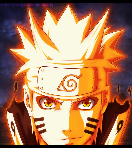 Anime picture 1374x1530 with naruto studio pierrot naruto (series) uzumaki naruto naruto999-by-roker single tall image short hair blonde hair smile yellow eyes cloud (clouds) night night sky coloring magic close-up face jinchuriki boy