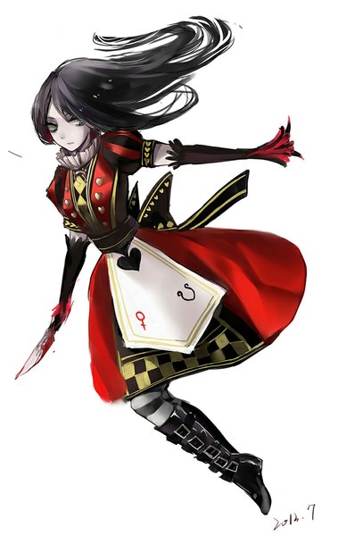 Anime picture 632x1000 with alice in wonderland american mcgee's alice (game) alice: madness returns queen of hearts hug (yourhug) single long hair tall image black hair simple background white background green eyes pale skin running girl dress weapon boots frills apron