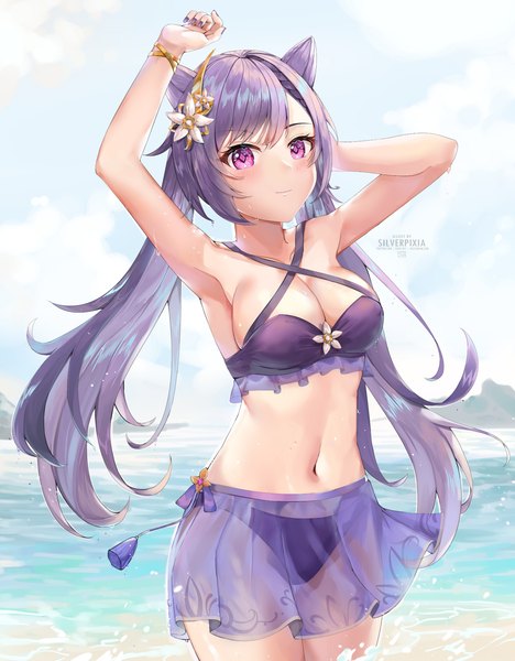 Anime picture 1826x2343 with genshin impact keqing (genshin impact) silverpixia single long hair tall image looking at viewer blush fringe highres breasts light erotic smile large breasts purple eyes twintails signed payot sky purple hair