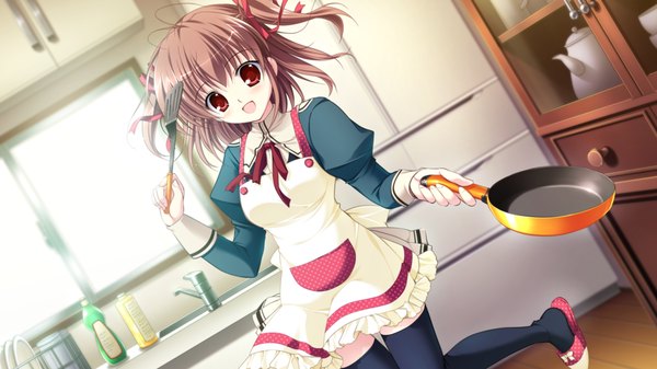 Anime picture 1280x720 with root double toba mashiro blush short hair open mouth red eyes brown hair wide image standing twintails game cg :d short twintails standing on one leg cooking girl thighhighs uniform ribbon (ribbons) black thighhighs