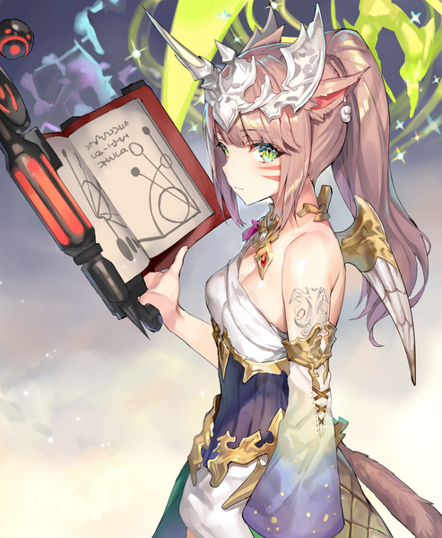 Anime picture 1000x1217 with final fantasy final fantasy xiv square enix miqo'te summoner (final fantasy) momoko (momopoco) single long hair tall image looking at viewer fringe light erotic brown hair holding green eyes animal ears payot ponytail cat ears slit pupils