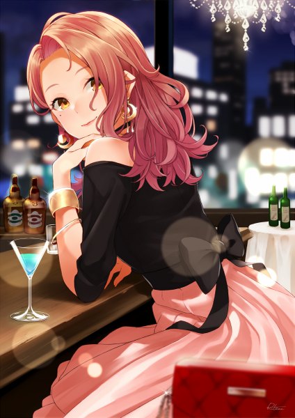 Anime picture 849x1200 with original retsuna single long hair tall image looking at viewer blush fringe smile sitting bare shoulders signed yellow eyes indoors pleated skirt looking back blurry hair over one eye orange hair off shoulder