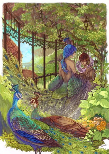 Anime picture 1753x2480 with q pixiv: free kouno hitaki (artist) long hair tall image highres smile brown hair bare shoulders signed blue hair eyes closed light smile couple back face to face girl boy flower (flowers) plant (plants) animal