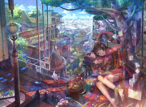 Anime picture 2000x1468 with original fuzichoco highres short hair brown hair japanese clothes barefoot city cityscape detailed girl plant (plants) animal tree (trees) kimono building (buildings) fish (fishes) lantern lamppost roof