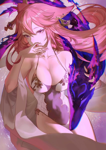 Anime picture 2478x3508 with genshin impact yae miko salmon88 single long hair tall image looking at viewer fringe highres breasts light erotic hair between eyes large breasts purple eyes animal ears pink hair cleavage fox ears floating hair covered navel