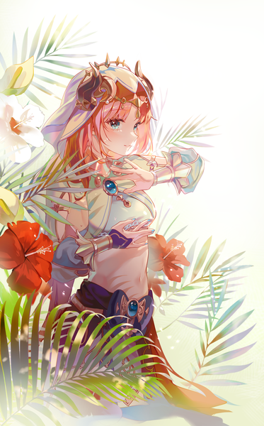 Anime picture 2504x4030 with genshin impact nilou (genshin impact) didtldms0312 single tall image blush highres blue eyes standing red hair very long hair nail polish horn (horns) midriff girl flower (flowers) plant (plants) veil hibiscus