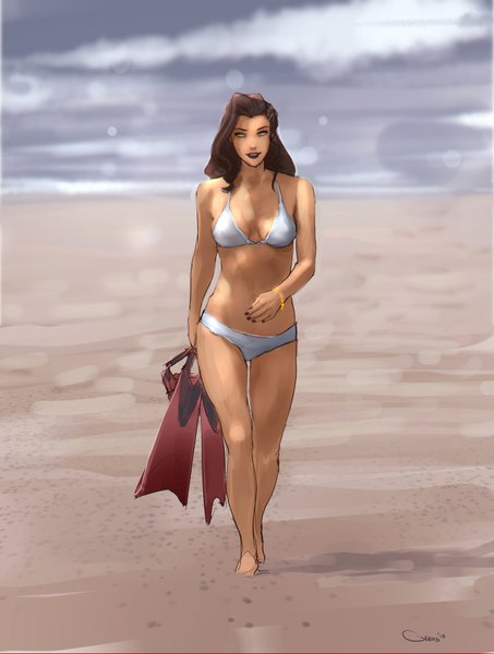 Anime picture 1280x1693 with avatar: the legend of korra asami sato darren geers single long hair tall image looking at viewer highres light erotic smile brown hair bare shoulders green eyes barefoot beach sand sketch girl swimsuit water