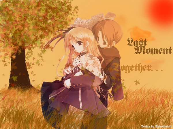 Anime picture 2048x1536 with present pretty sumi keiichi long hair highres short hair blonde hair standing signed looking away head tilt third-party edit autumn girl plant (plants) tree (trees) leaf (leaves) grass autumn leaves