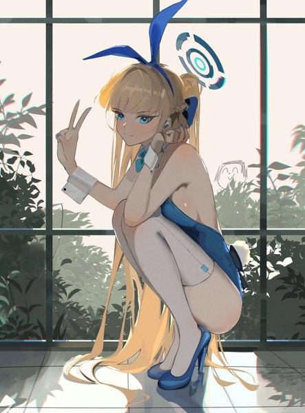 Anime picture 1138x1542 with blue archive toki (blue archive) toki (bunny) (blue archive) da (datako) single tall image looking at viewer blush fringe breasts blue eyes light erotic blonde hair smile bare shoulders animal ears tail blunt bangs very long hair animal tail
