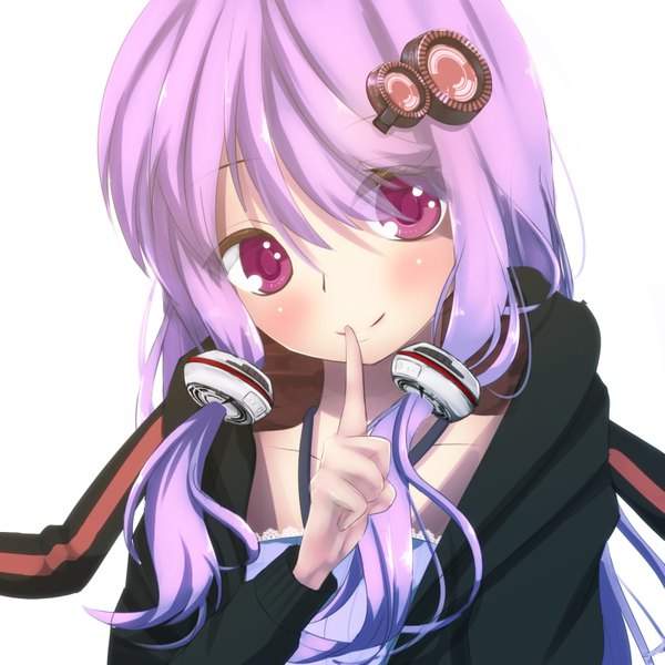 Anime picture 800x800 with vocaloid voiceroid yuzuki yukari chinomaron single long hair looking at viewer blush fringe simple background smile hair between eyes white background purple eyes payot purple hair upper body long sleeves head tilt hair over one eye