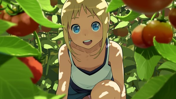Anime picture 1280x720 with ichigo mashimaro ana coppola go robots single long hair looking at viewer open mouth blue eyes blonde hair wide image loli girl leaf (leaves) vegetables tomato