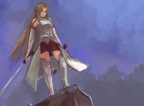 Anime picture 1200x880 with sword art online a-1 pictures yuuki asuna riftgarret single long hair brown hair brown eyes girl thighhighs skirt weapon detached sleeves miniskirt white thighhighs sword cloak