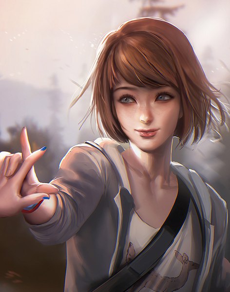 Anime picture 723x919 with life is strange max caulfield sakimichan tall image fringe short hair blue eyes smile brown hair head tilt wind lips blurry realistic open jacket holding hands solo focus girl plant (plants) petals