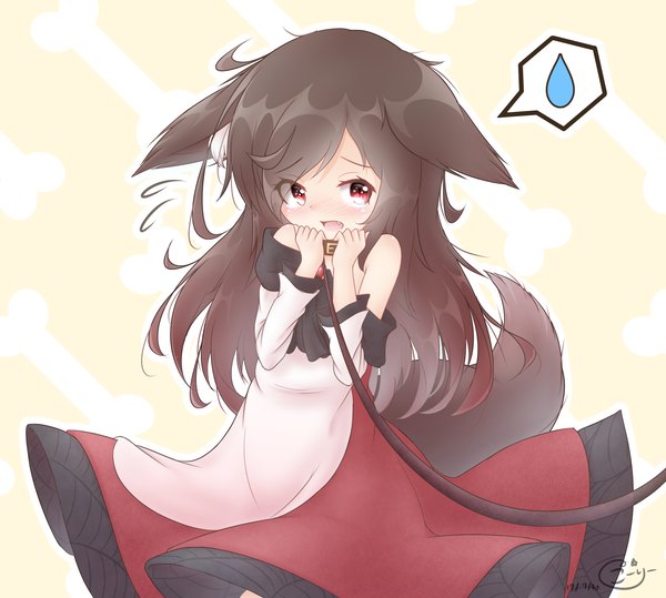 Anime picture 2796x2511 with touhou imaizumi kagerou coreytaiyo long hair looking at viewer blush highres open mouth simple background red eyes brown hair signed animal ears tail long sleeves animal tail off shoulder fang (fangs) embarrassed dated