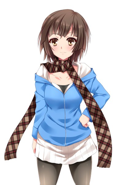 Anime picture 849x1200 with original yappen single tall image looking at viewer blush short hair black hair simple background smile white background brown eyes girl skirt pantyhose black pantyhose scarf
