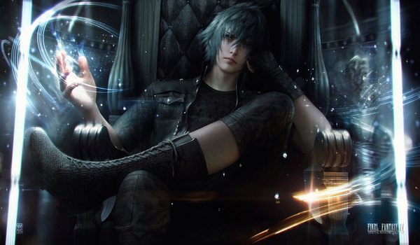 Anime picture 1600x935 with final fantasy final fantasy xv square enix noctis lucis caelum valentina remenar single looking at viewer short hair blue eyes wide image sitting realistic aqua hair open jacket light boy jacket throne