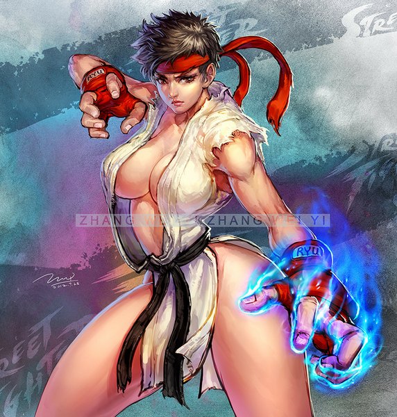 Anime picture 915x960 with street fighter capcom ryu (street fighter) zhang wei yi single tall image short hair breasts light erotic black hair large breasts brown eyes open clothes genderswap girl gloves fingerless gloves headband