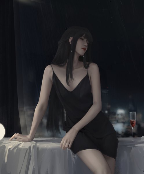 Anime picture 3977x4796 with original dcchris single long hair tall image fringe highres black hair standing sitting bare shoulders brown eyes payot looking away absurdres indoors blunt bangs head tilt lips realistic