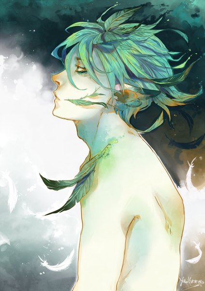 Anime picture 1480x2092 with original yurui karameru single tall image fringe short hair green eyes signed looking away profile green hair lips shirtless mutation boy feather (feathers)