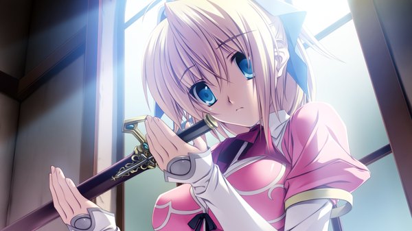 Anime picture 1280x720 with hyakka ryouran elixir senomoto hisashi short hair blue eyes blonde hair wide image game cg girl dress bow weapon hair bow sword