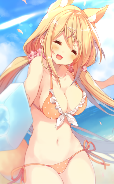 Anime picture 747x1199 with virtual youtuber mofumofu channel amamiya mei p19 single long hair tall image blush fringe breasts open mouth light erotic blonde hair smile hair between eyes large breasts twintails holding animal ears payot