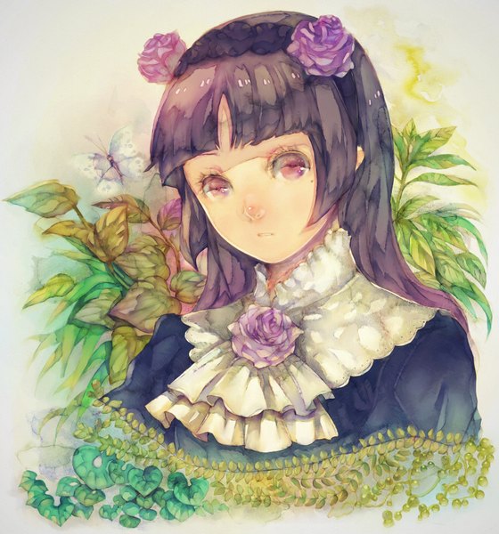 Anime picture 1500x1607 with original yogisya single long hair tall image black hair purple eyes hair flower girl dress hair ornament flower (flowers) plant (plants) hairband