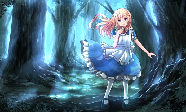Anime picture 2067x1254 with alice in wonderland original alice (wonderland) risutaru single long hair looking at viewer blush highres blue eyes blonde hair smile wide image standing payot full body outdoors head tilt wind night