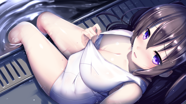 Anime picture 1920x1080 with original haribote single long hair looking at viewer blush fringe highres breasts open mouth light erotic hair between eyes brown hair wide image large breasts sitting purple eyes payot bent knee (knees) from above