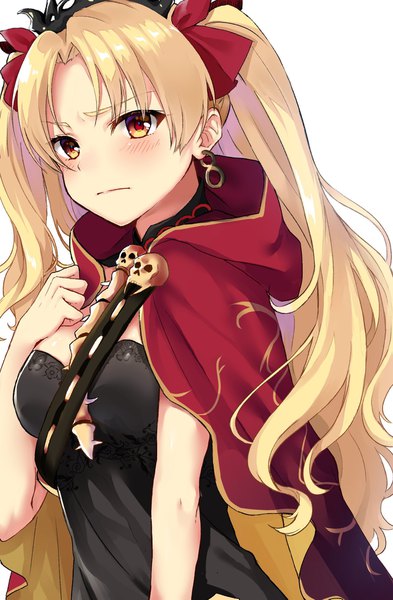Anime picture 1340x2043 with fate (series) fate/grand order toosaka rin ereshkigal (fate) hizuki higure single long hair tall image blush breasts simple background blonde hair red eyes upper body two side up girl bow hair bow earrings hood