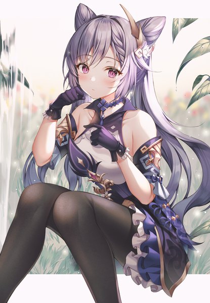 Anime picture 1500x2169 with genshin impact keqing (genshin impact) mellozzo single long hair tall image looking at viewer blush fringe sitting twintails bare shoulders payot purple hair braid (braids) pink eyes hair bun (hair buns) slit pupils knees together feet apart girl