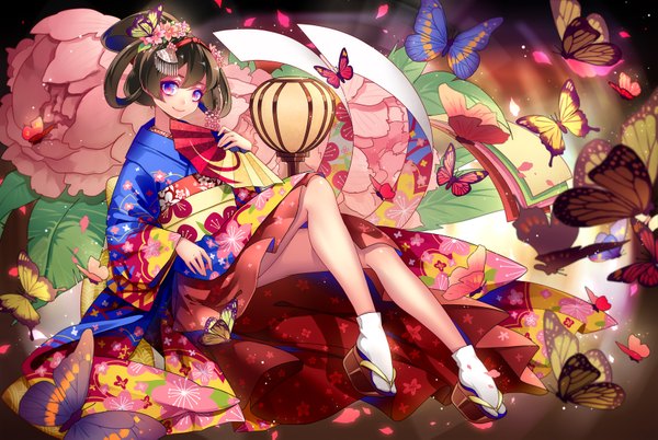 Anime picture 1700x1141 with original sougishi ego single long hair looking at viewer smile brown hair purple eyes traditional clothes japanese clothes girl hair ornament kimono insect butterfly fan