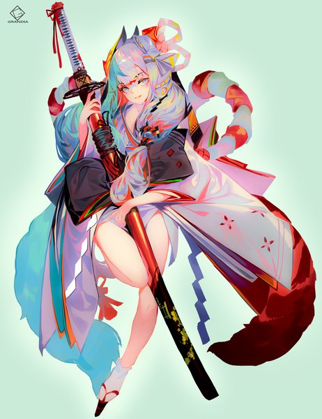 Anime picture 1800x2338 with original grandialee single long hair tall image looking at viewer highres simple background smile holding signed silver hair full body bent knee (knees) traditional clothes parted lips japanese clothes multicolored hair mole mole under eye