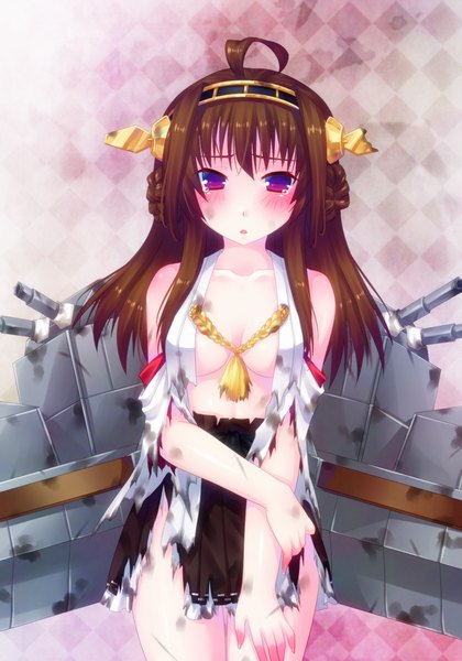 Anime picture 700x1000 with kantai collection kongou battleship door to heaven single long hair tall image looking at viewer blush open mouth light erotic brown hair purple eyes bare shoulders ahoge traditional clothes tears torn clothes nontraditional miko girl weapon