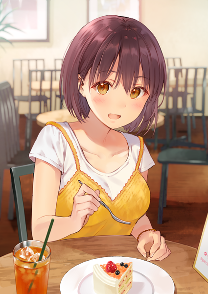 Anime picture 637x900 with original fukahire (ruinon) single tall image looking at viewer blush fringe short hair open mouth hair between eyes brown hair sitting holding yellow eyes indoors depth of field girl dress shirt bracelet